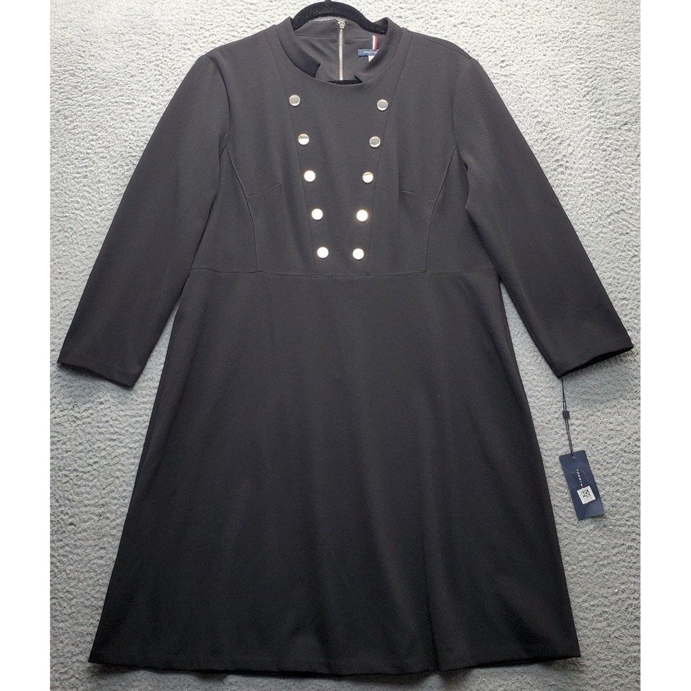 Tommy Hilfiger Shift Dress Womens 16 Black Crew Neck Button Detail Back Zip